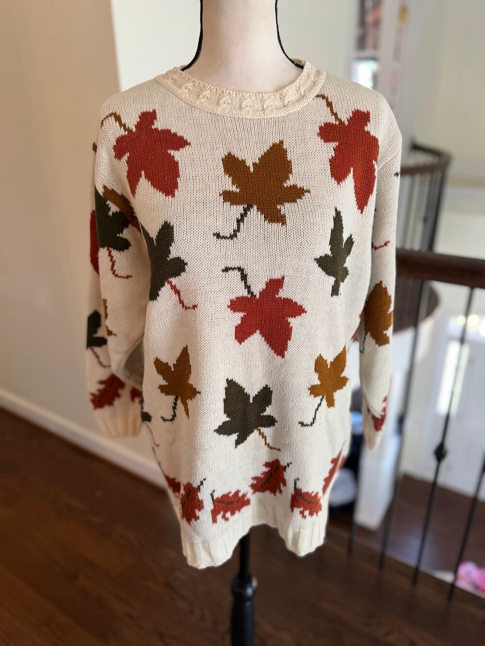 Vintage 90s Cream Fall Tone Orange Green Leaf Print Crewneck Sweater Whimsygoth